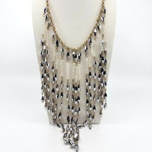 Vintage Silver Tone Cascading Bib Necklace Faceted Bicone Beads Statement Fringe